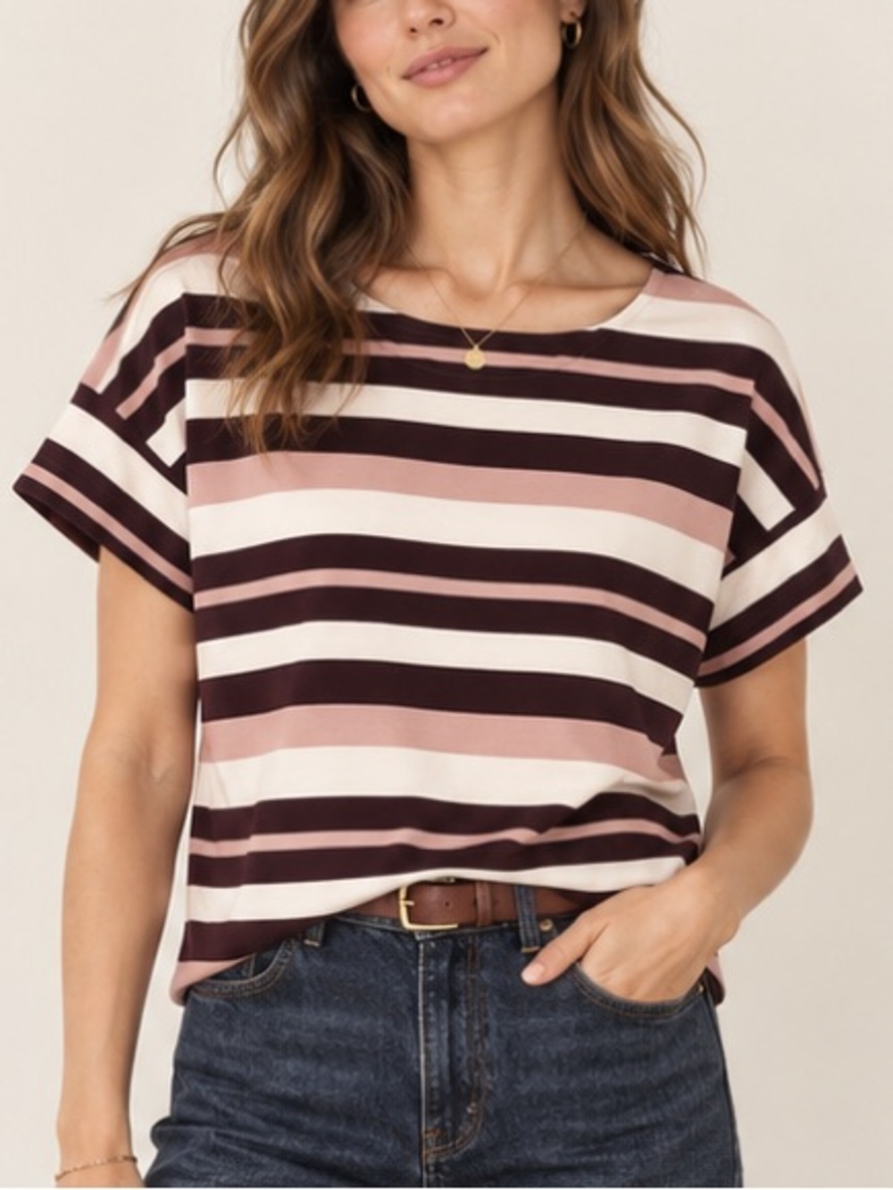Weekend Max Mara Striped Short-Sleeve Tee in Pink and Burgundy